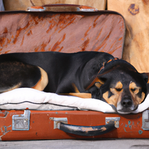 כלב מנמנם בנוחות על מיטת עשה זאת בעצמך ממזוודה ישנה.
